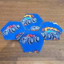 Load image into Gallery viewer, Fun reversible coasters Monster Trucks & Flames (set of 4)