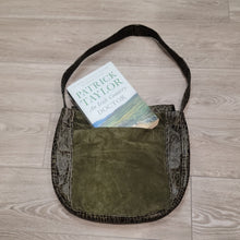 Load image into Gallery viewer, Hunter Green Suede and Leather Purse with Vintage Fabric lining