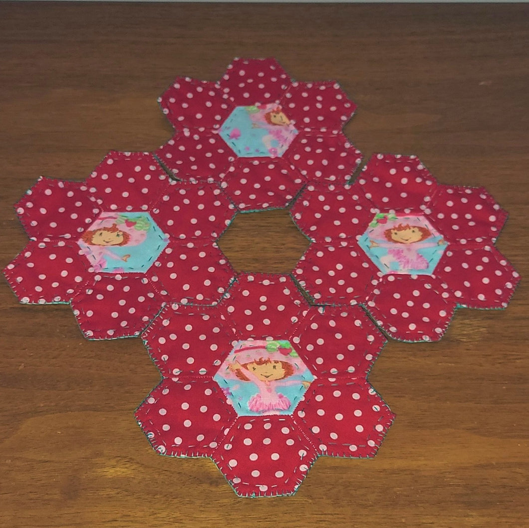 Strawberry Shortcake themed hand sewn coasters double sided (set of 4)