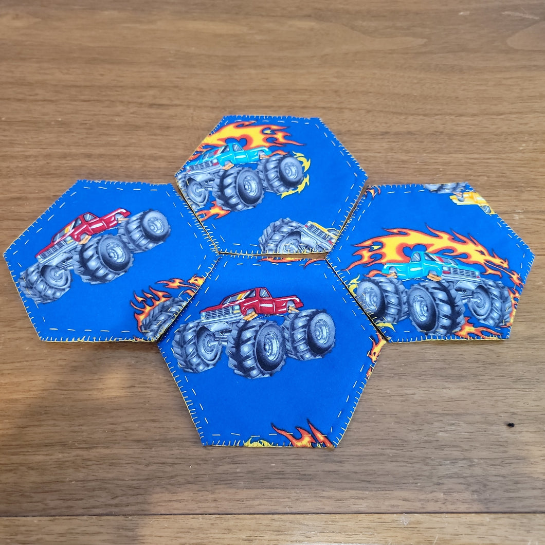 Fun reversible coasters Monster Trucks & Flames (set of 4)