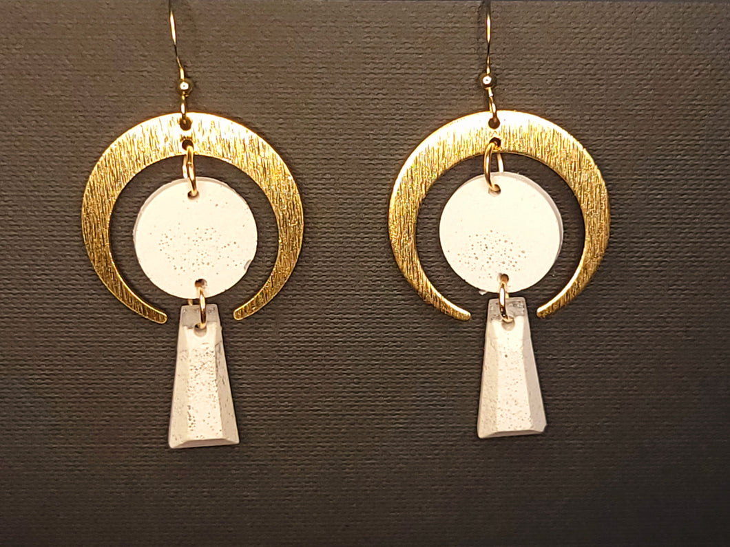 Crescent Moon Brass & Cement Dangle Earrings