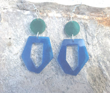 Load image into Gallery viewer, Geometric Blue &amp; Green Resin Dangle Earrings
