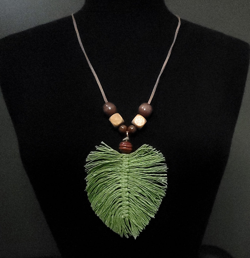 Green Boho Fringe Leaf Necklace