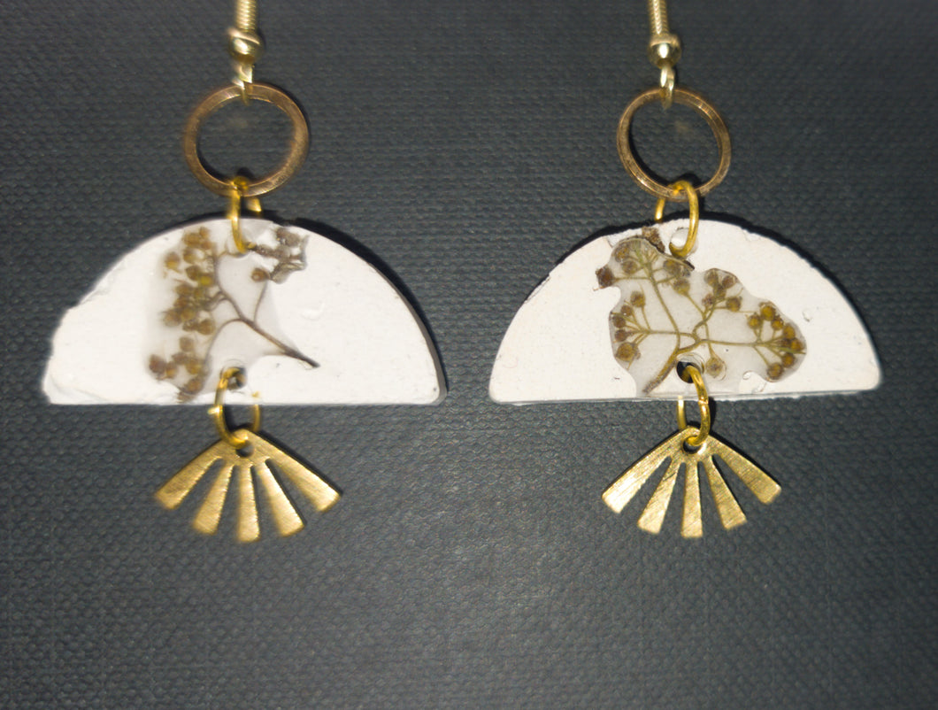 Dried Floral Buds with White Cement & Brass Earrings