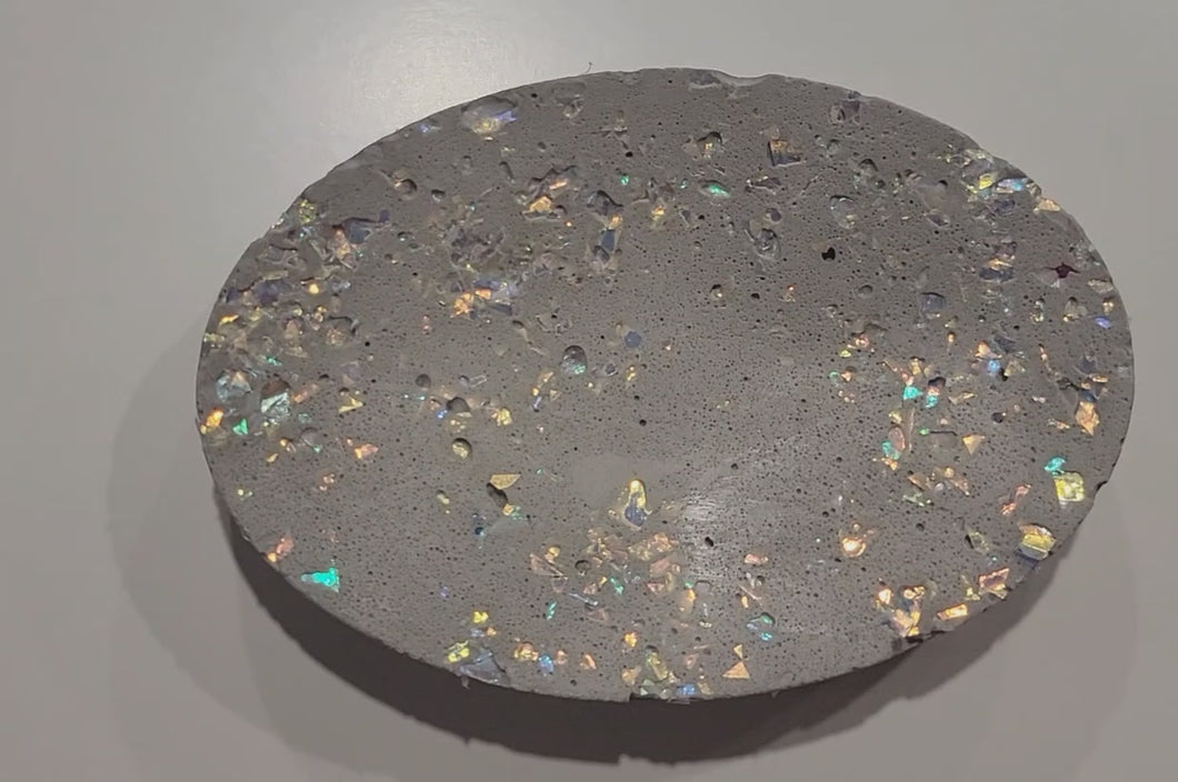 Unique Rounded Concrete Soap dish with iridescent flakes