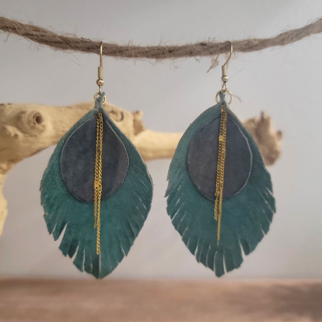 Boho Leather Leaf Earrings Green Grey