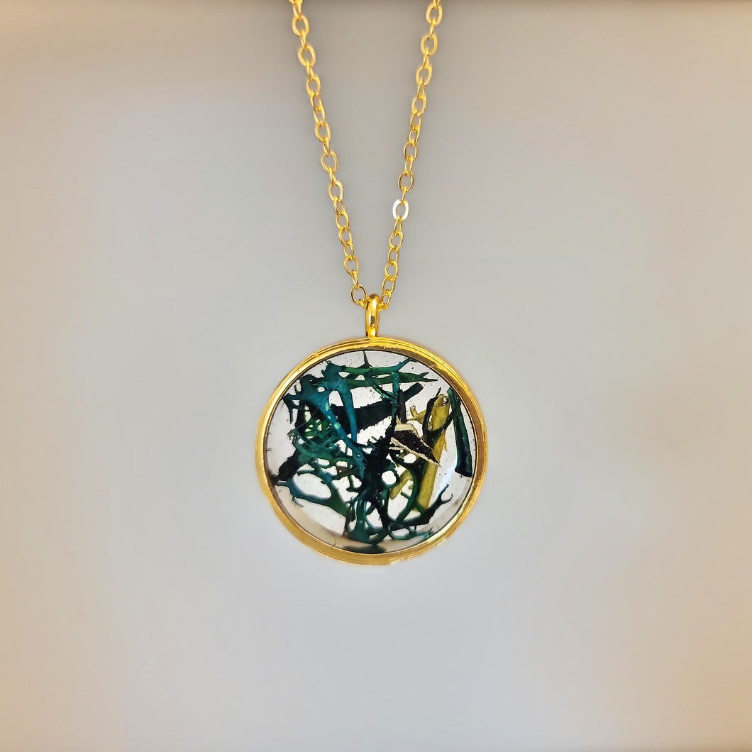 Handmade Resin Necklace with dried moss Gold & Green