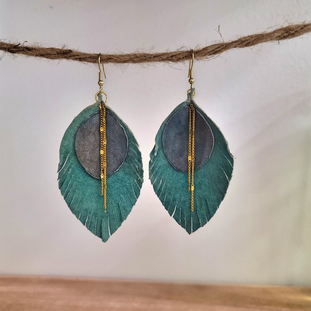 Turquoise & Grey Boho Leather Leaf Earrings